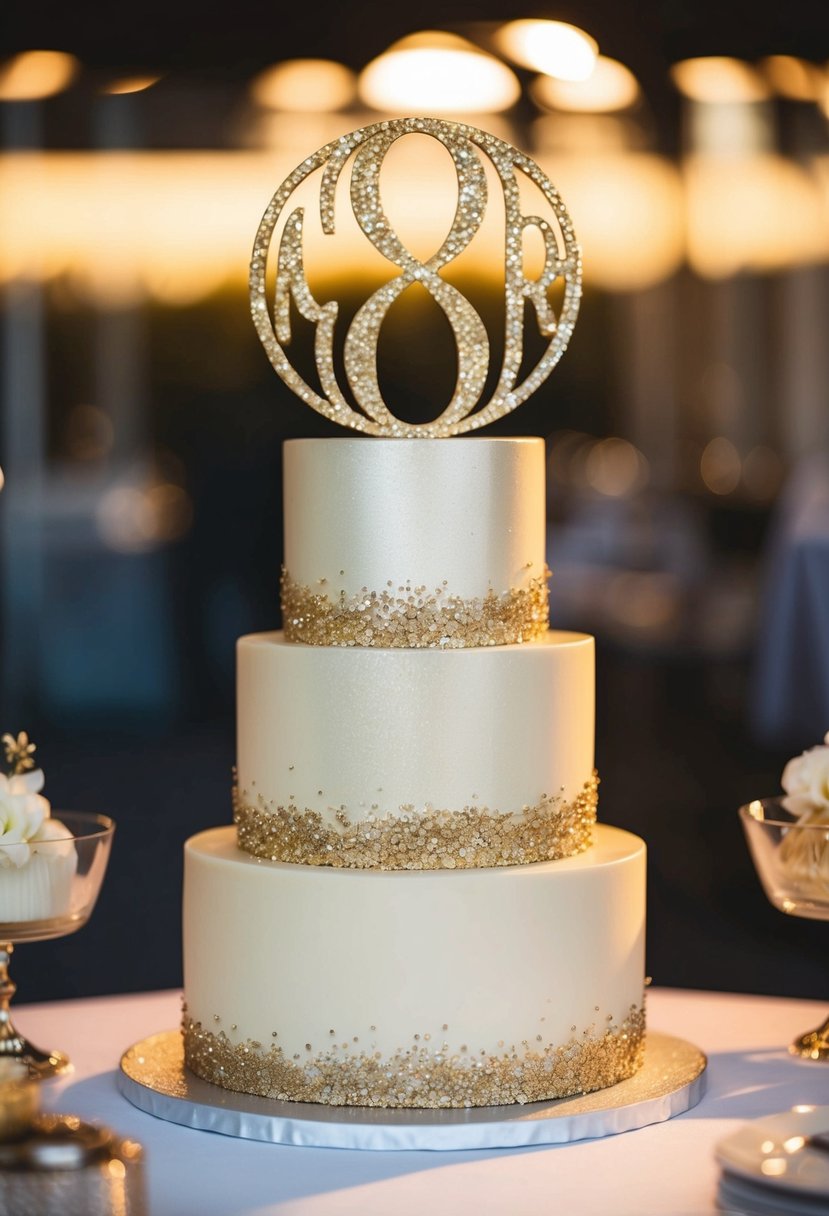 A glittering gold monogram sits atop a tiered wedding cake, catching the light and adding a touch of elegance to the dessert table