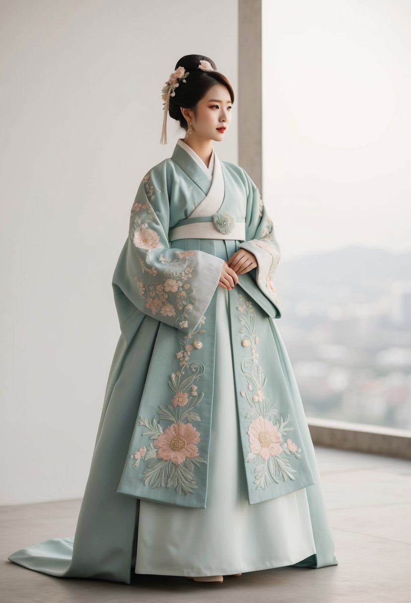 A modern Hanbok with intricate floral embroidery, set against a minimalist backdrop with soft lighting