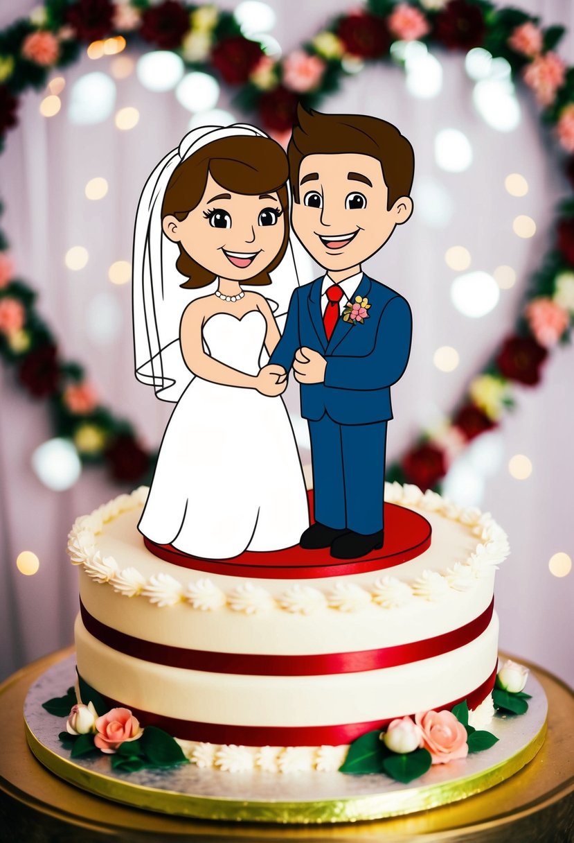 A cartoon couple standing on a tiered wedding cake, holding hands and smiling, with a heart-shaped backdrop and floral decorations