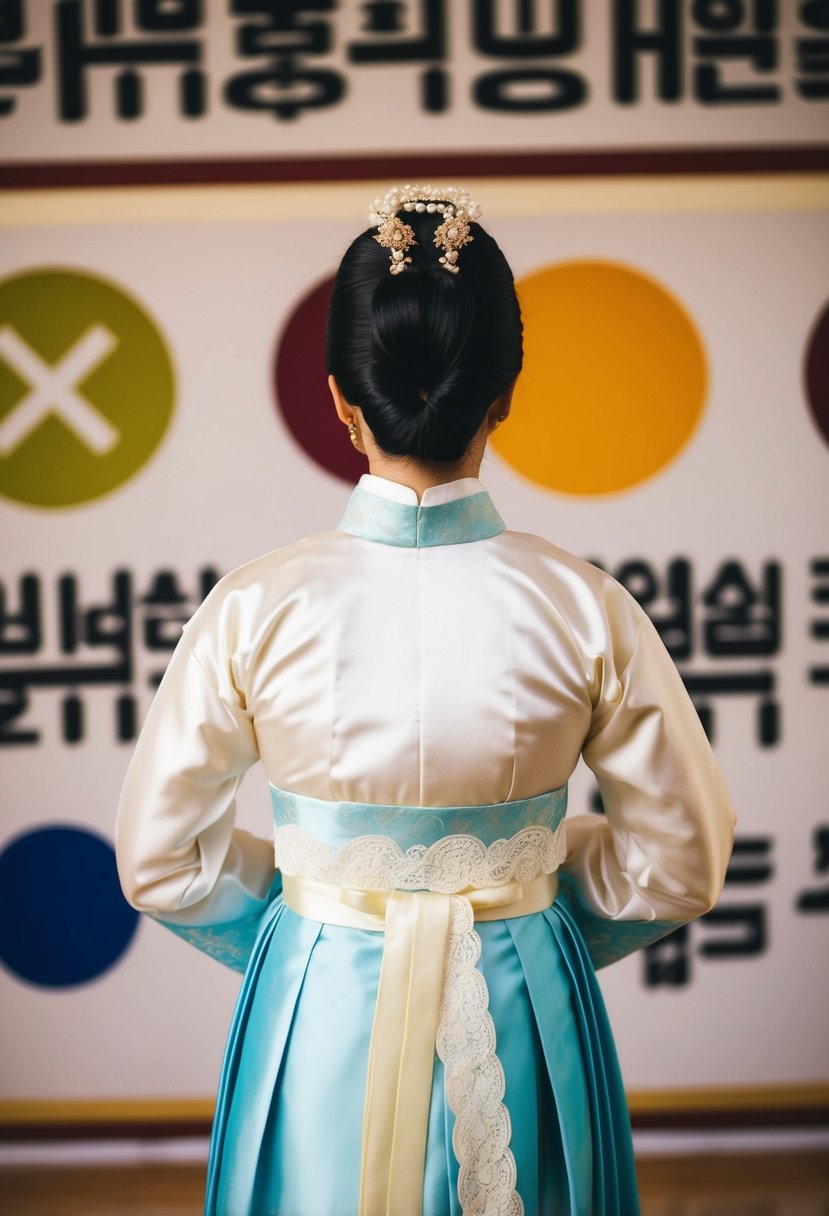 A satin Hanbok with delicate lace detailing, set against a backdrop of traditional Korean wedding symbols and colors