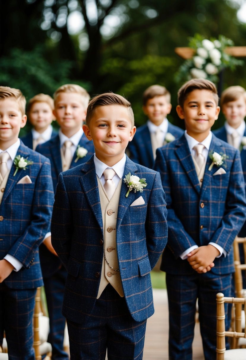 A group of kids, aged 13, wearing sophisticated tweed suits, standing in a wedding ceremony setting