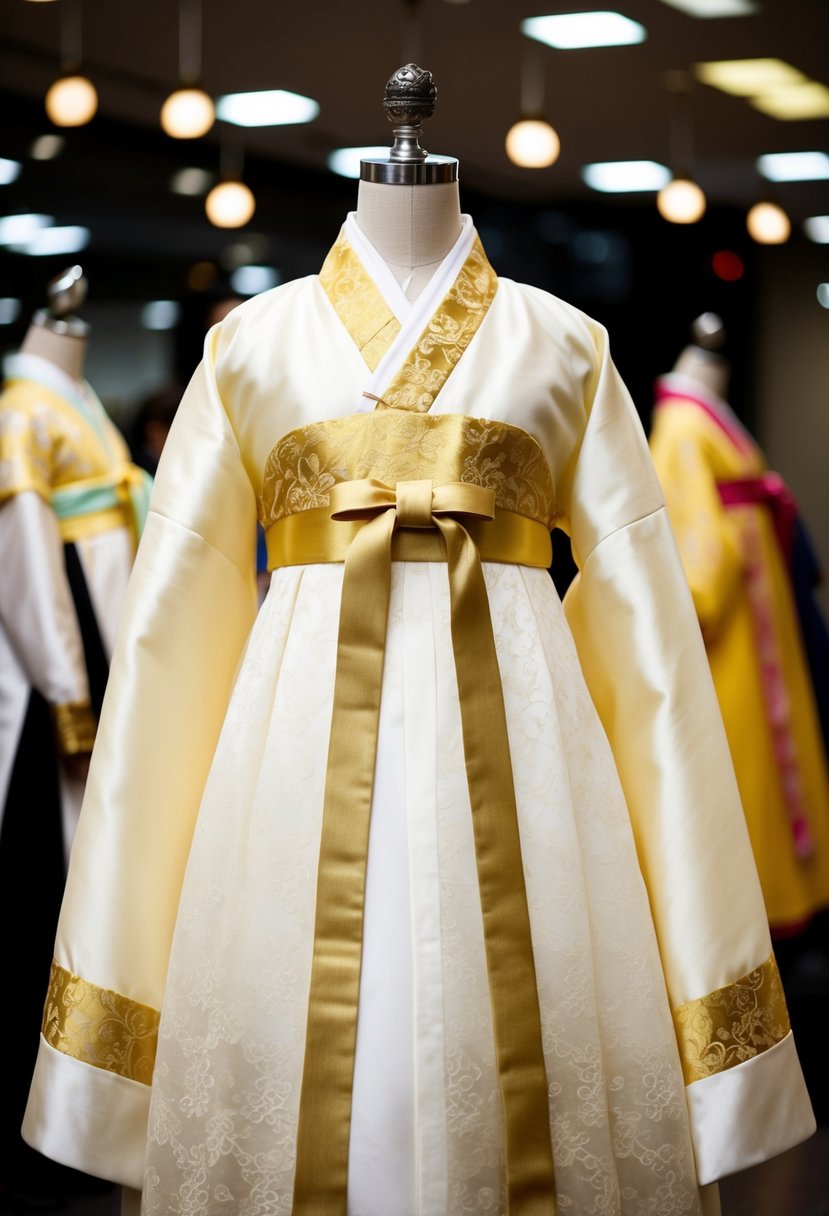 An ivory hanbok dress with gold accents displayed on a mannequin