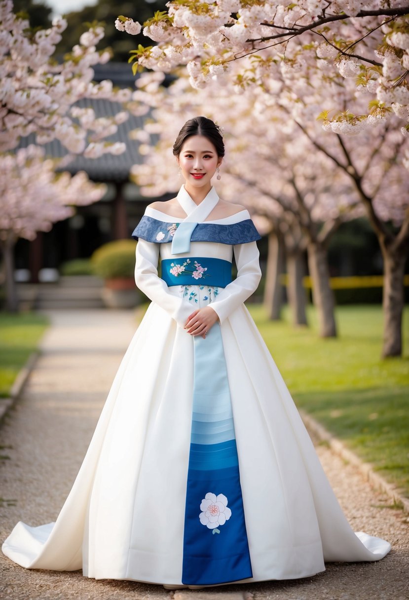 A bride in an off-shoulder fusion Hanbok gown, blending traditional Korean elements with modern design, stands in a garden adorned with cherry blossoms