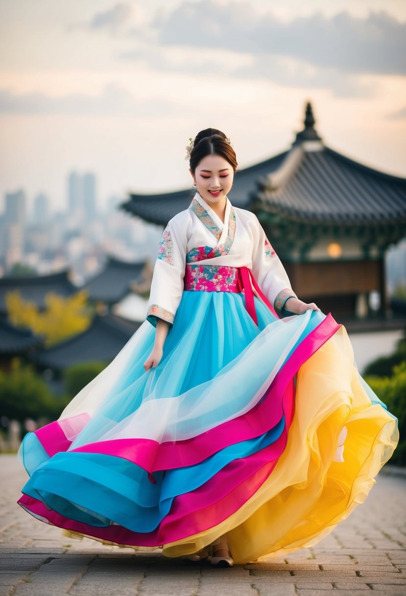 A bride twirls in a vibrant layered skirt Hanbok with tulle overlay, showcasing unique Korean wedding dress ideas