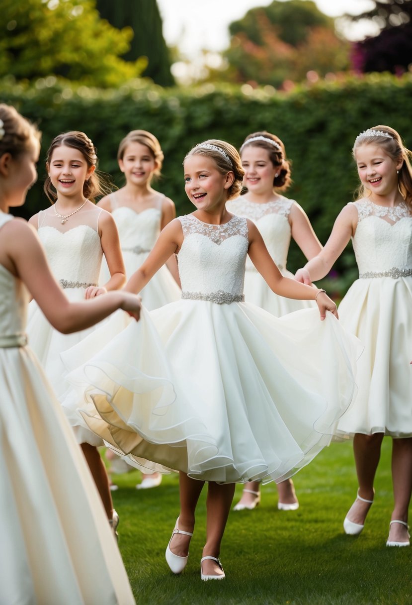 A group of preteens in elegant wedding attire, twirling and laughing in a garden setting