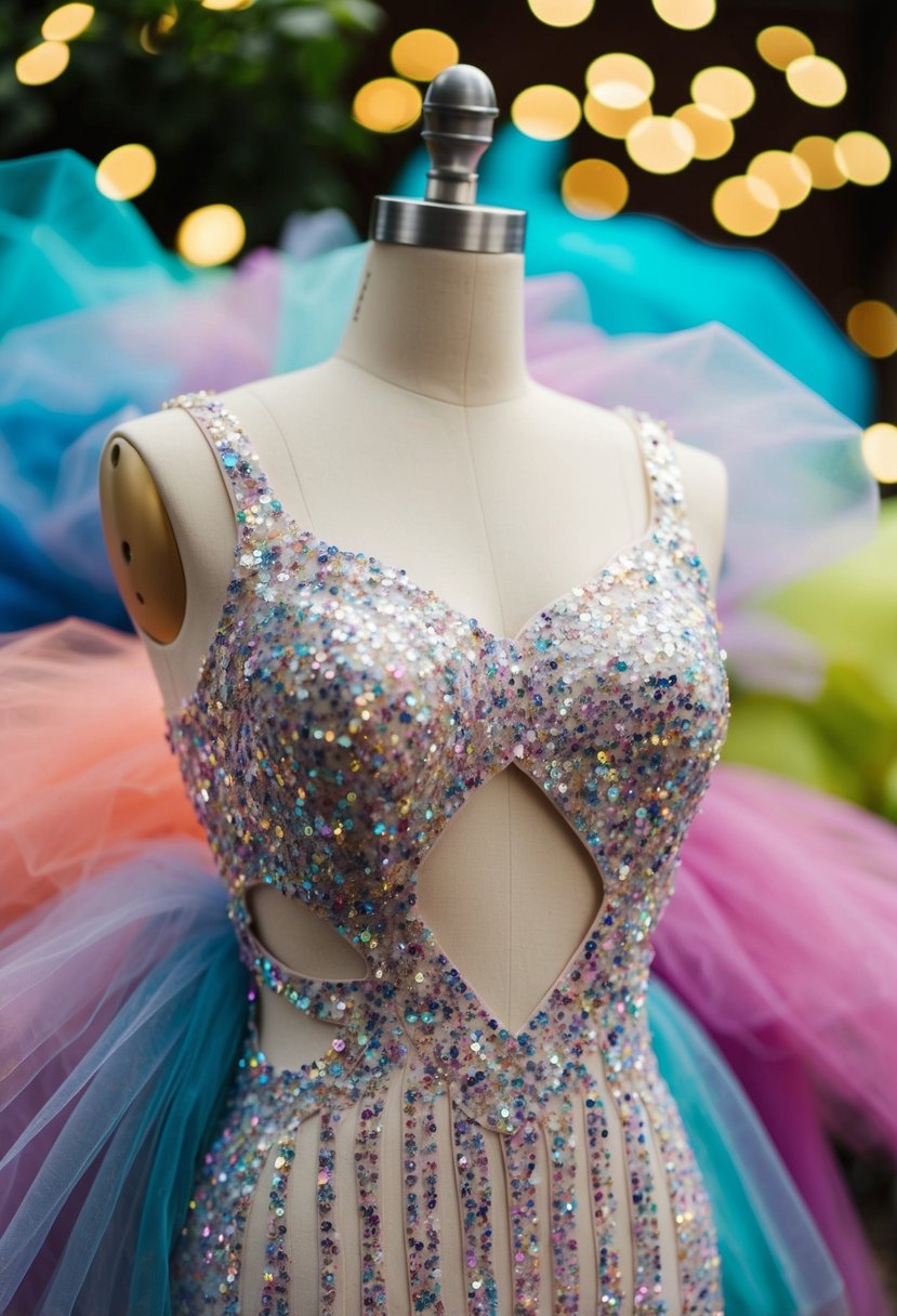 A sparkling heart-shaped cutout dress on a mannequin, surrounded by colorful sequins and tulle