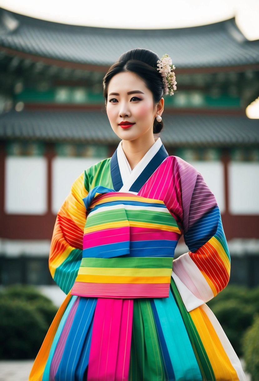 A vibrant, striped Hanbok with bold colors, showcasing unique Korean wedding dress ideas