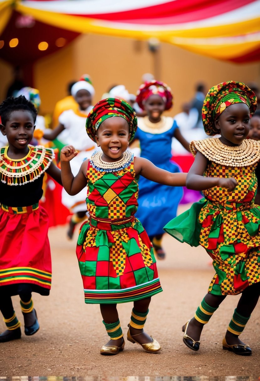 A group of children in colorful African wedding attire dancing and celebrating in a festive setting