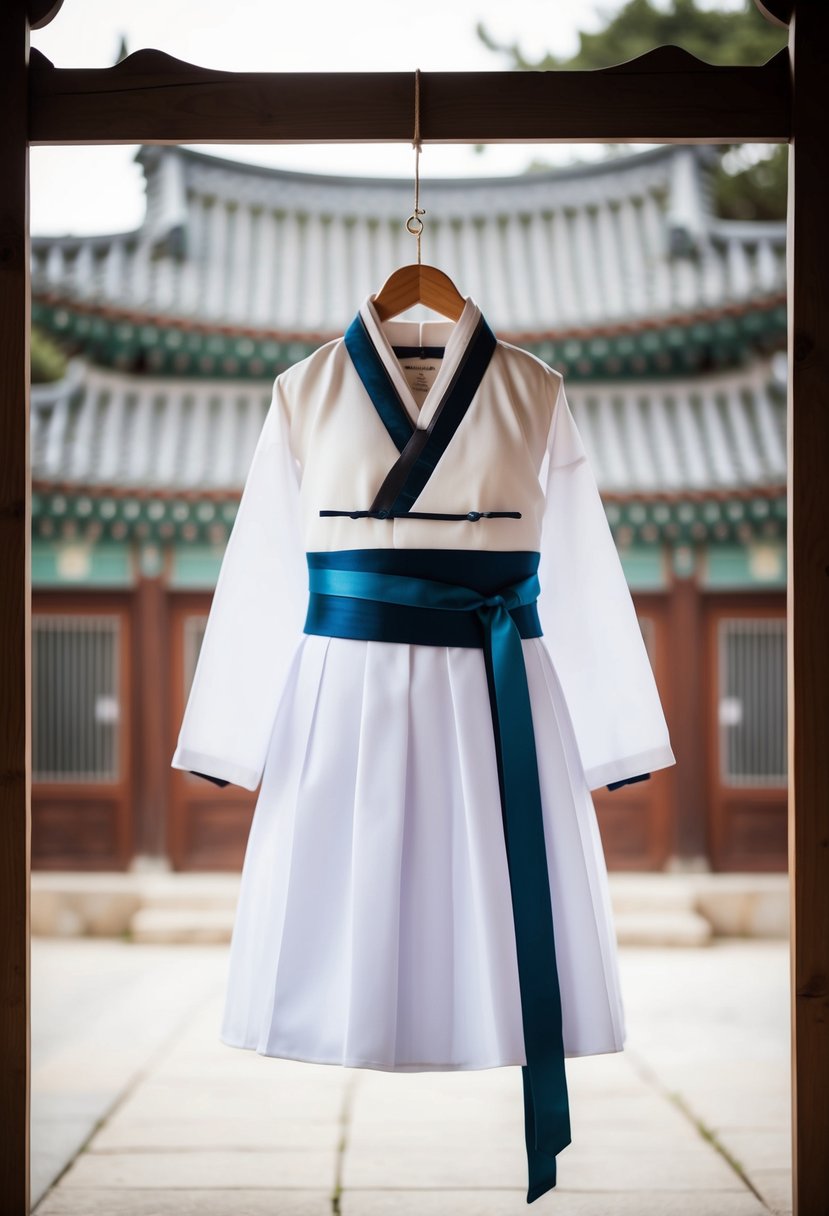 A minimalist white hanbok with silk ribbons hangs on a wooden hanger, set against a backdrop of traditional Korean architecture