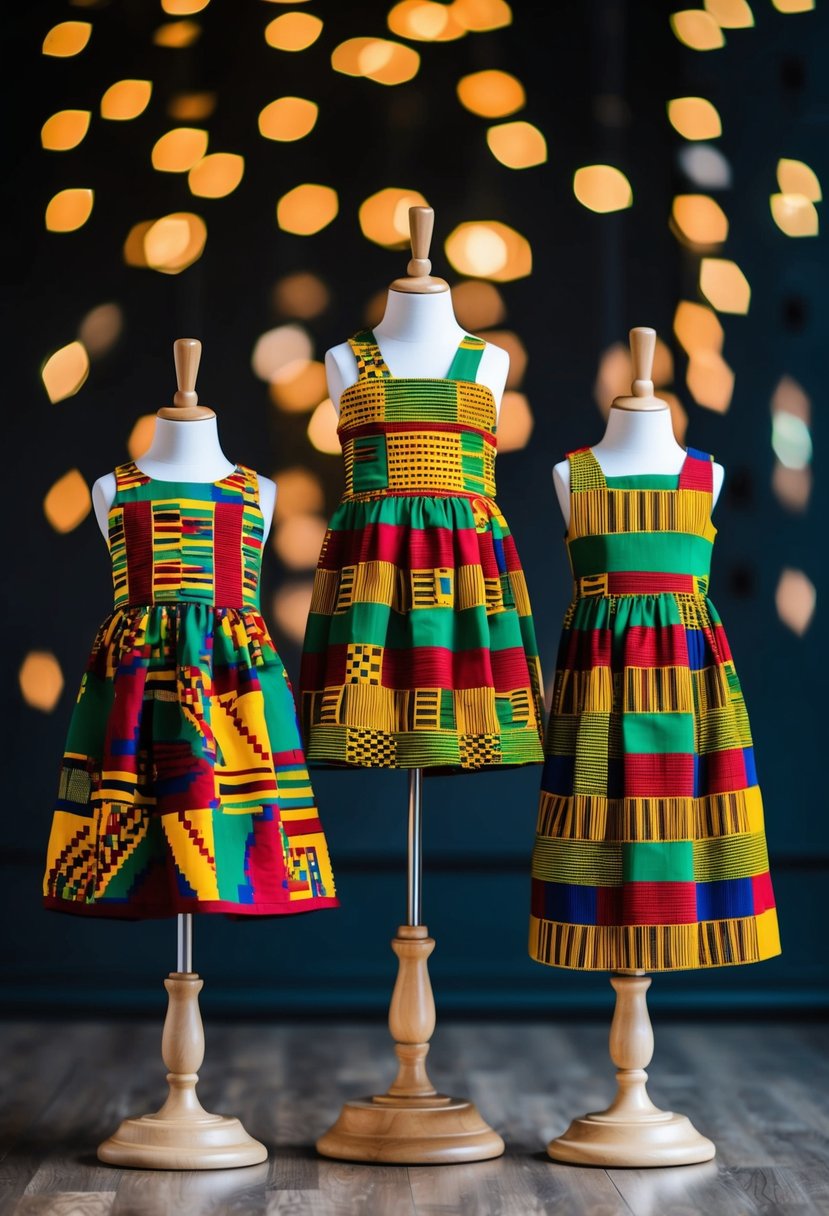 Colorful kente fabric dresses displayed on child mannequins for an African wedding theme