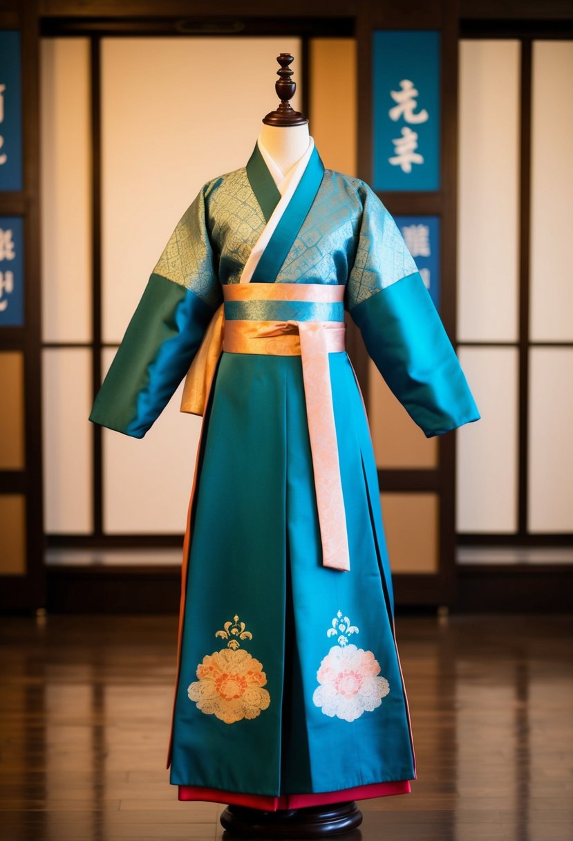 A traditional Hanbok with elegant brocade displayed on a mannequin