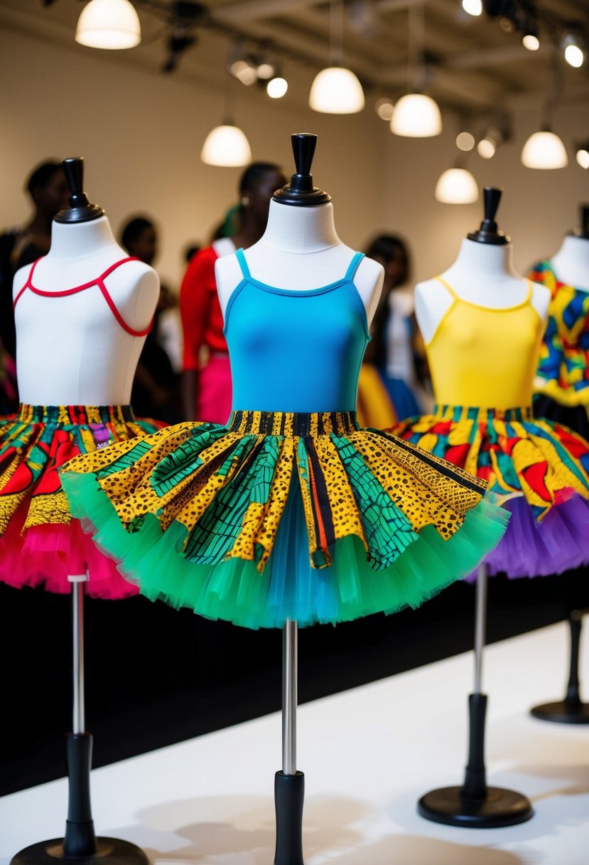 Vibrant African print tutu skirts displayed on mannequins at a kids' fashion show