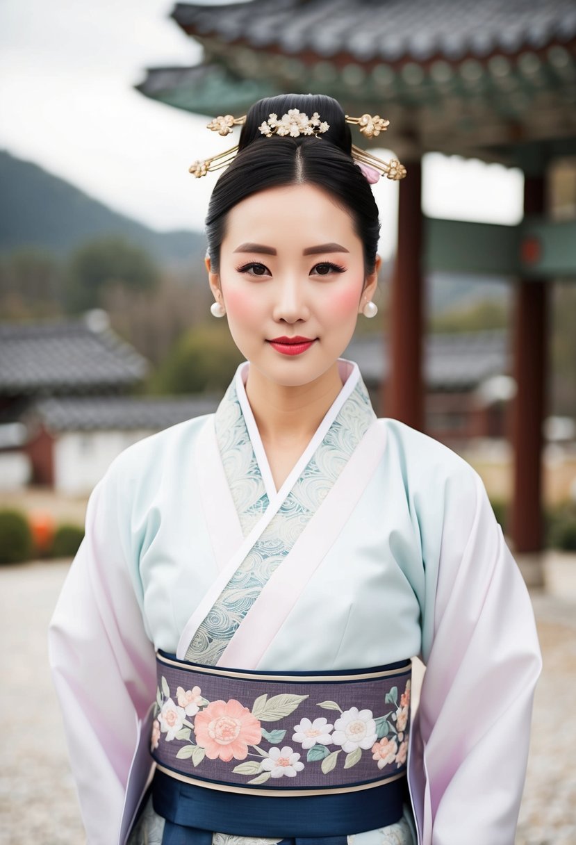 A bride wearing a modernized hanbok with a unique neckline and sleeves, standing in a traditional Korean wedding setting