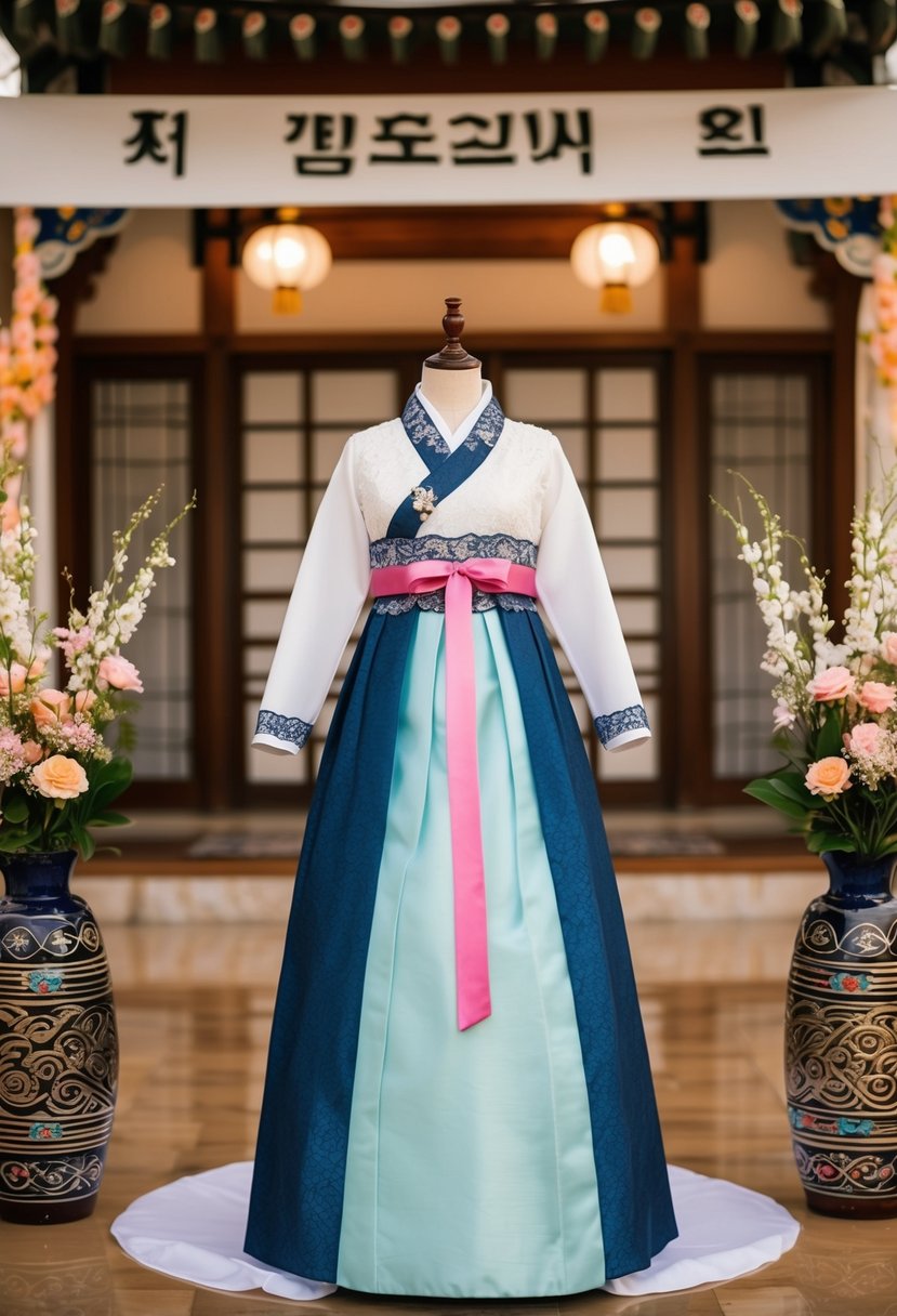 An A-Line Hanbok with a lace bodice is displayed on a mannequin, surrounded by traditional Korean wedding decor