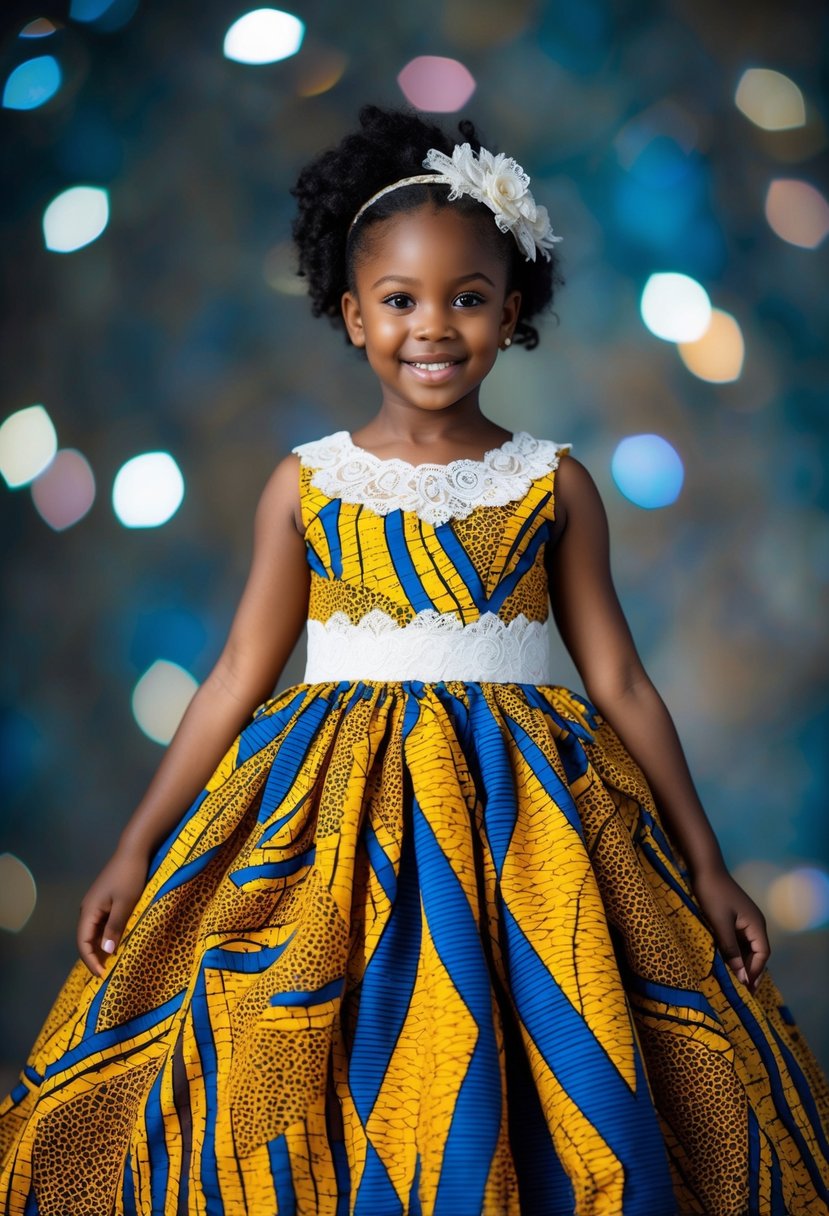 A vibrant African print dress with lace accents, perfect for a kids' wedding ensemble