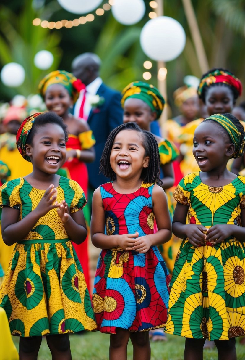 A group of children wearing vibrant Ankara dresses, playing and laughing at an African wedding celebration