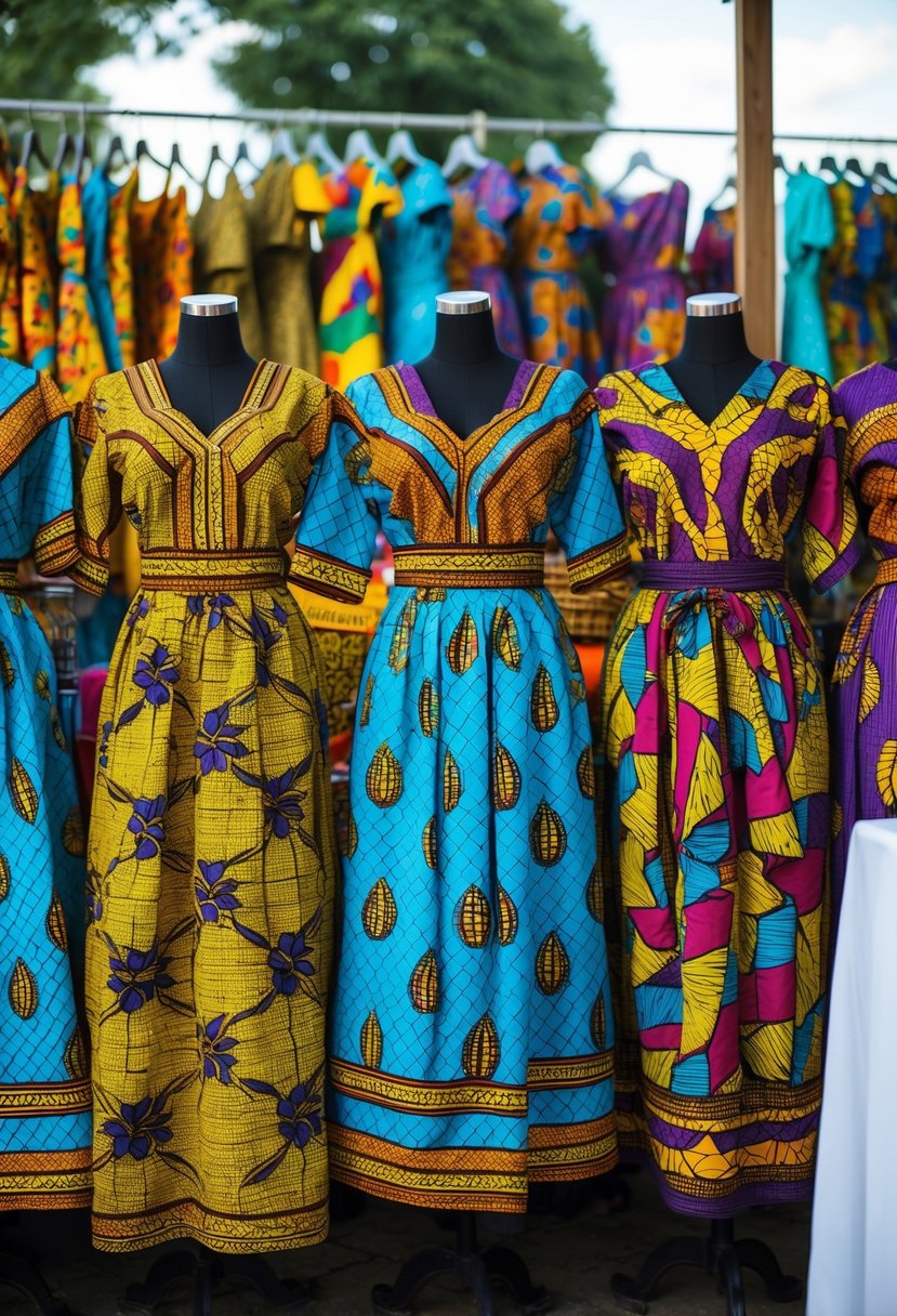 Colorful wax print dresses on display at an outdoor market. Bright patterns and vibrant hues catch the eye, perfect for a festive African wedding