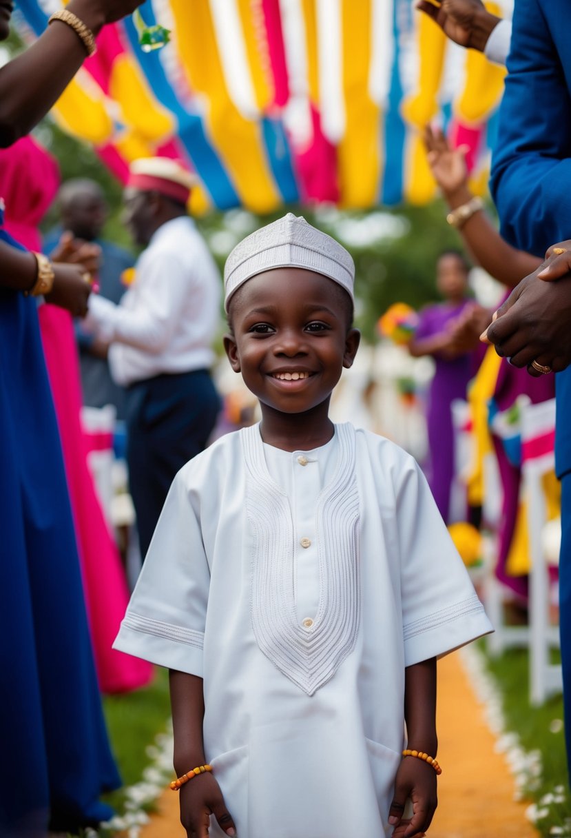 A young boy wearing a miniature agbada stands proudly at an African wedding, surrounded by vibrant colors and joyful celebration