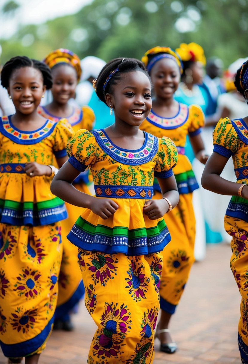 A group of young girls wearing vibrant, traditional African boubou dresses, adorned with intricate patterns and bright colors, dancing and celebrating at a wedding