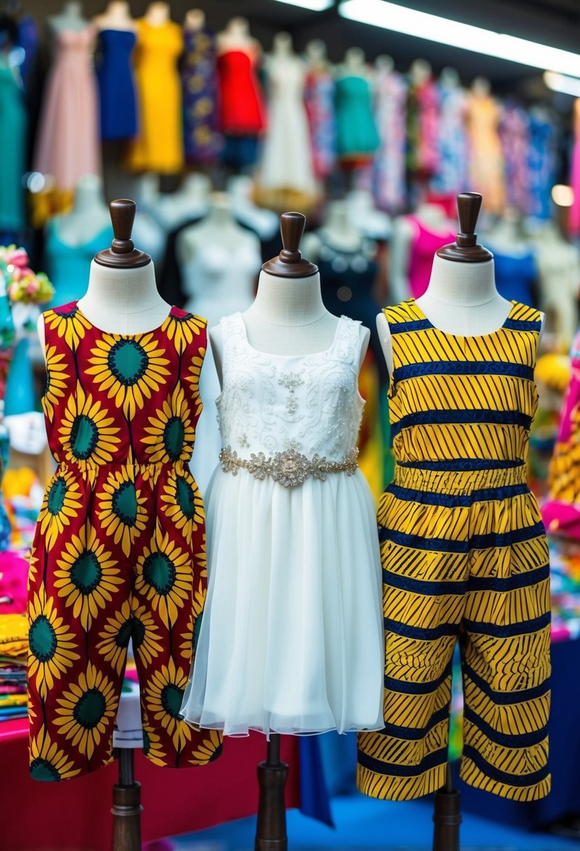 Colorful African print rompers and elegant wedding dress designs for kids displayed on mannequins in a vibrant market stall