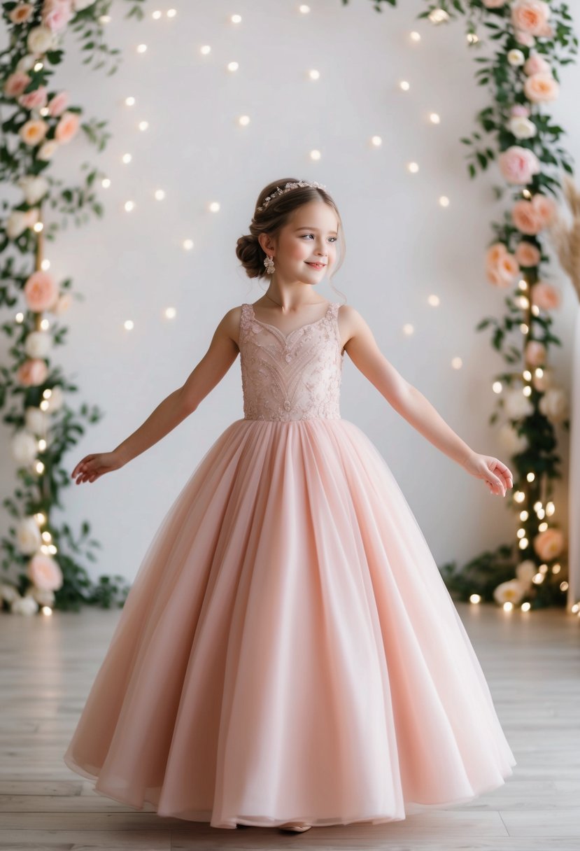 A young girl twirls in a blush pink ballgown, surrounded by delicate flowers and twinkling lights