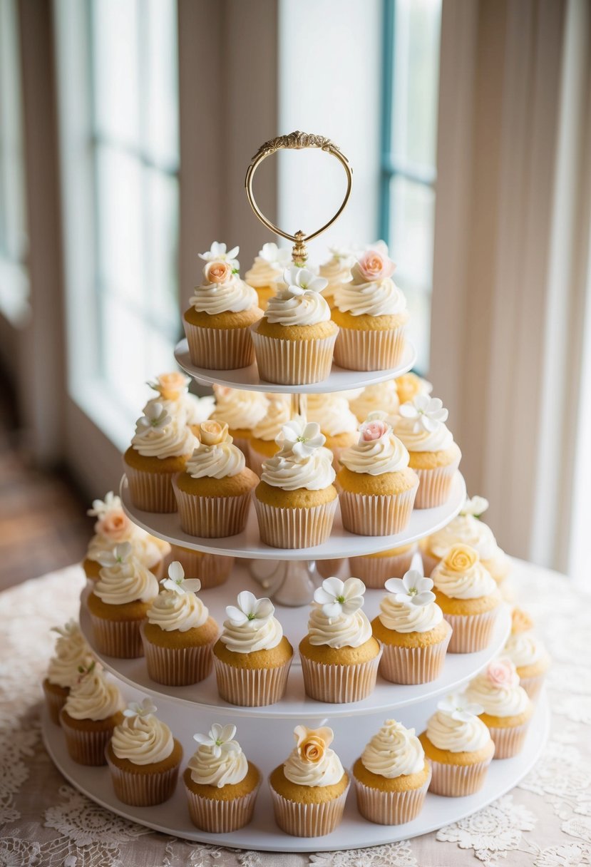 A tiered display of elegant wedding cupcakes, adorned with delicate flowers and intricate frosting designs, sits atop a lace-covered table