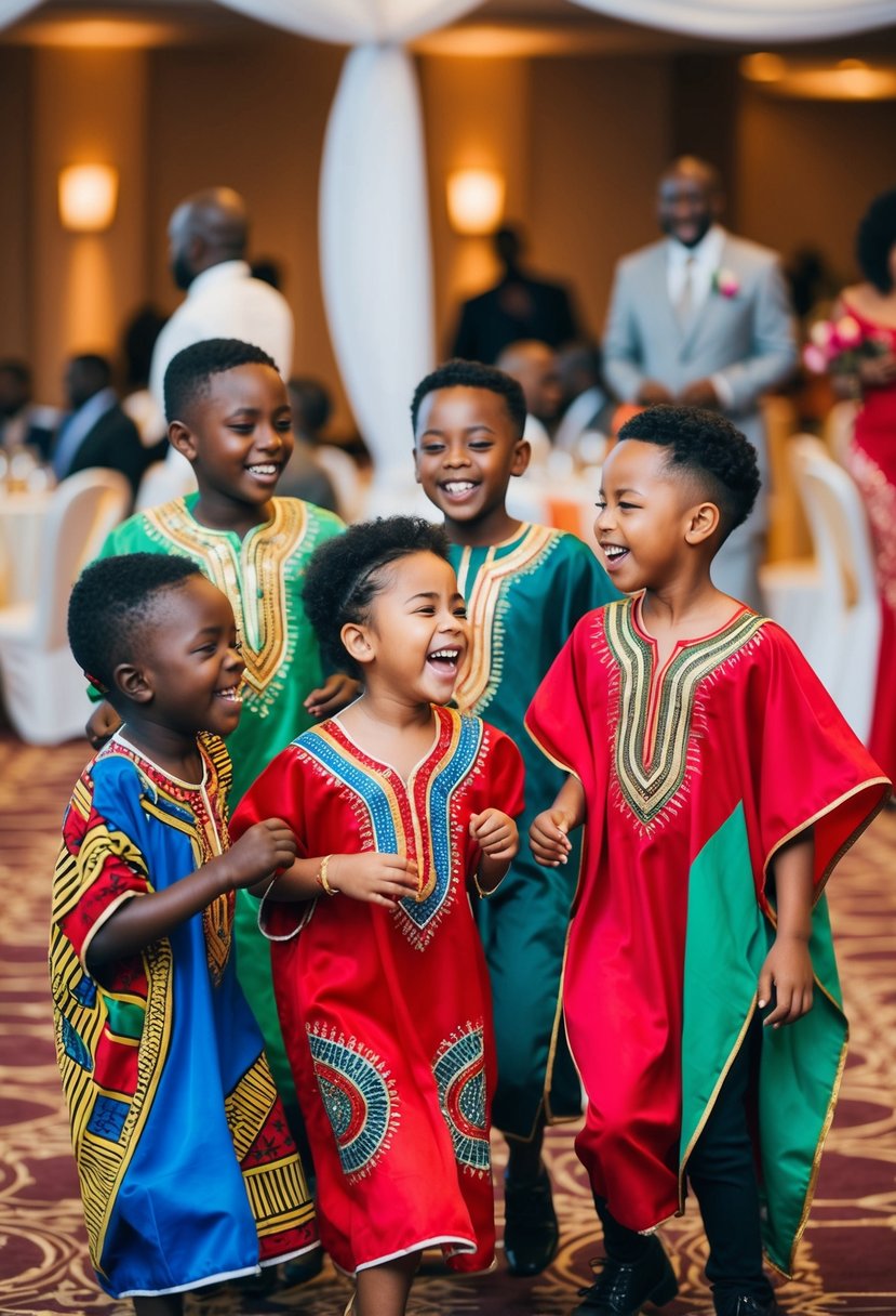 A group of children wearing colorful caftan dresses, playing and laughing at an elegant African wedding celebration