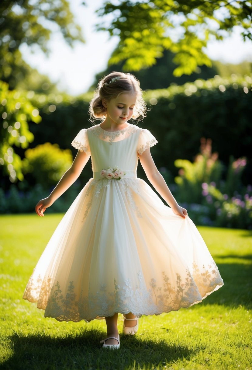 A young girl twirls in a garden, wearing a tea-length vintage wedding dress with delicate lace and floral details. The sun shines through the trees, casting dappled shadows on the grass