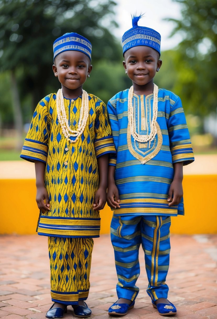 Two young siblings in matching African attire stand side by side, showcasing traditional wedding dress ideas for kids