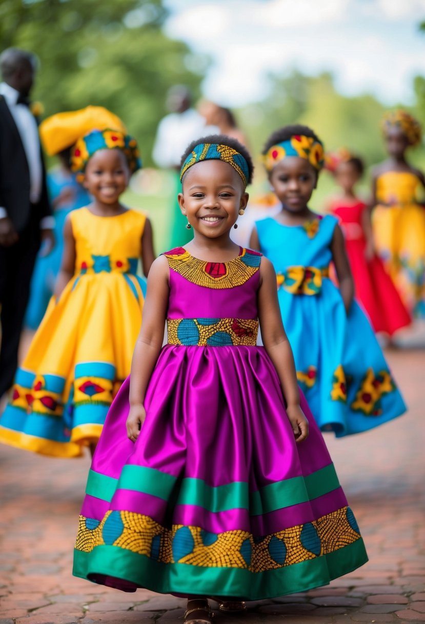 Colorful flower girl gowns with vibrant African print accents, perfect for a joyful and festive African wedding