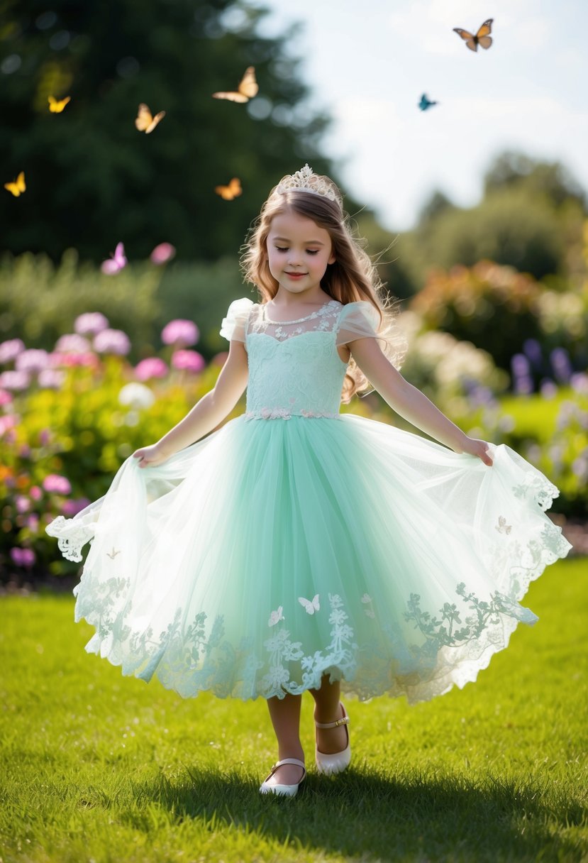 A young girl twirls in a garden, wearing a flowing princess tulle dress with delicate lace details, surrounded by blooming flowers and fluttering butterflies