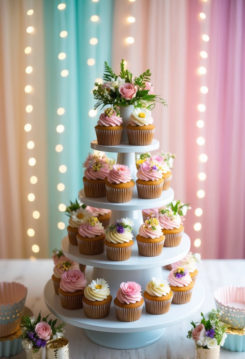 A tiered cupcake display adorned with fresh flowers, set against a backdrop of soft pastel colors and twinkling fairy lights