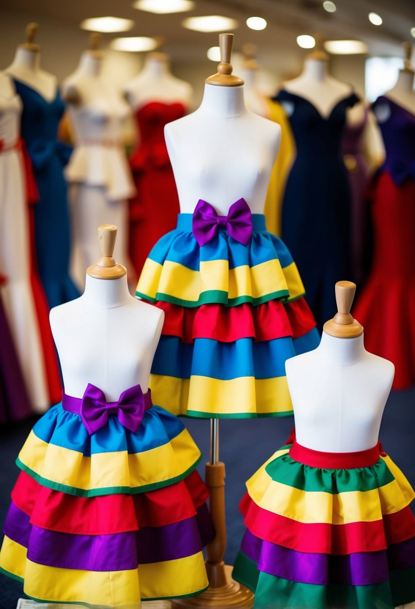 Colorful tiered Kente skirts with bows on mannequins for kids' African wedding dress ideas