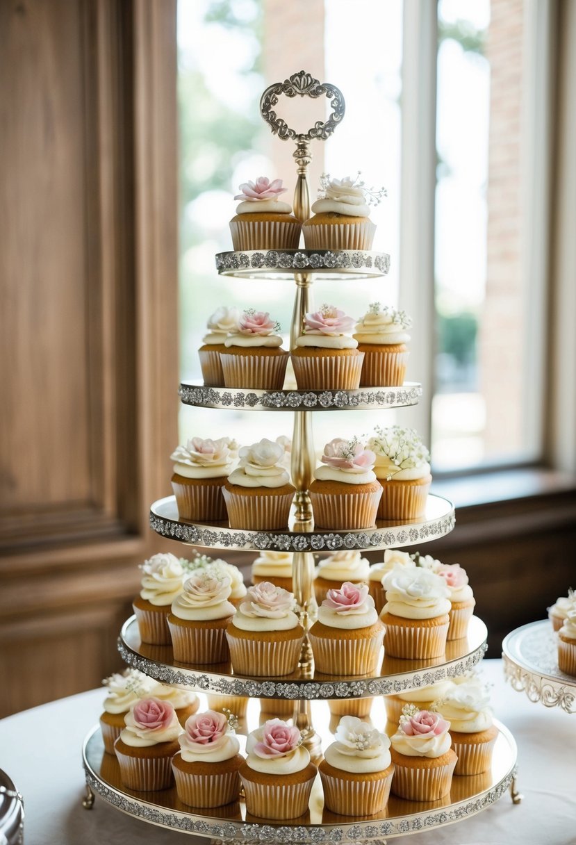 A tiered stand holds elegant wedding cupcakes, adorned with delicate flowers and intricate designs, creating a stunning display for the dessert table