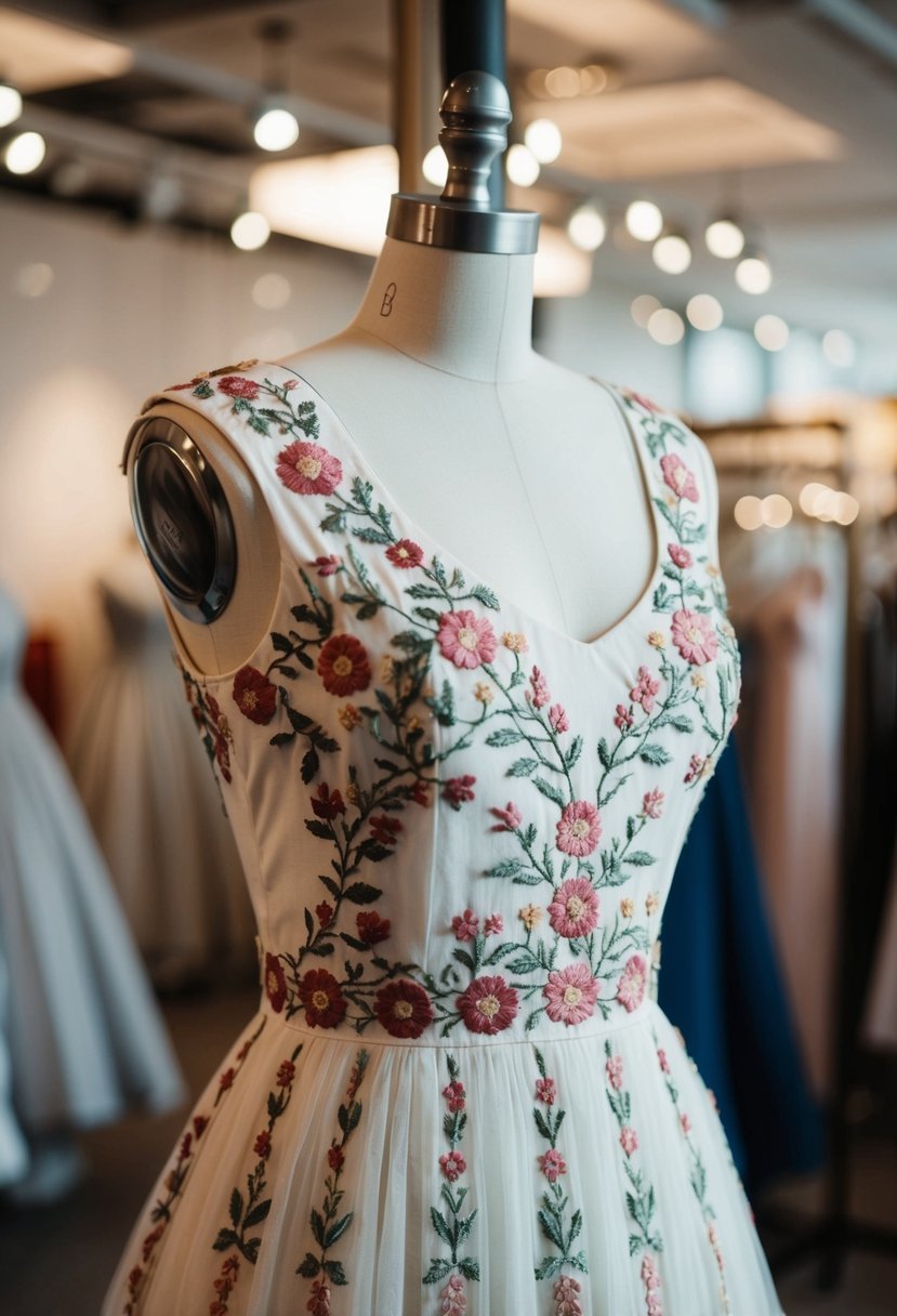 A delicate floral embroidery dress displayed on a mannequin