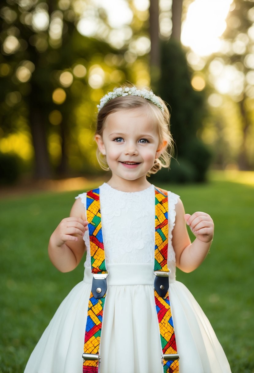 Colorful wax print suspenders on a child's wedding dress