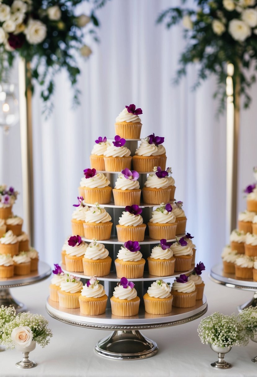 A tiered display of mini cutting cakes adorned with flowers and frosting, set against a backdrop of elegant wedding decor