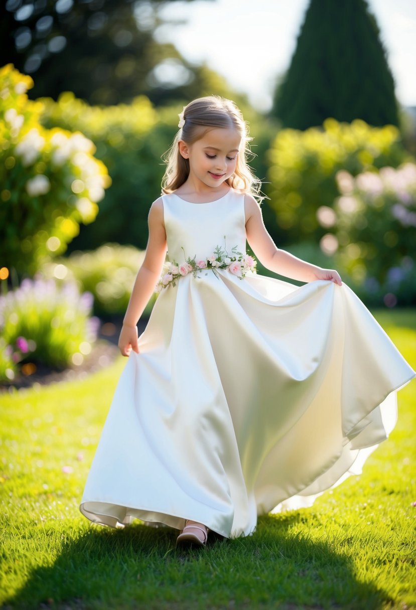 A young girl twirls in a floor-length satin dress, adorned with delicate flowers, in a sunlit garden