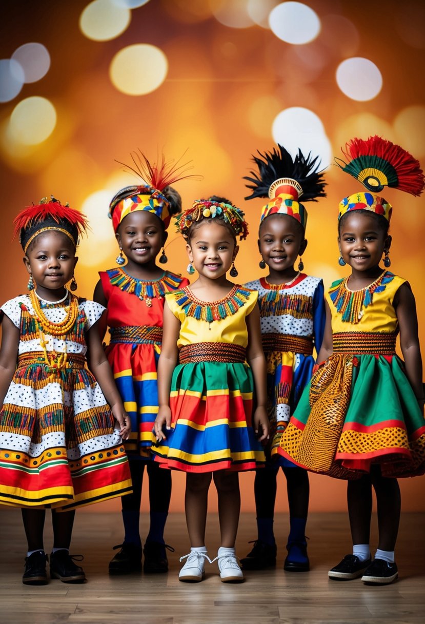 A group of children playing dress-up in colorful, mini Zulu wedding dresses, with vibrant African patterns and traditional accessories