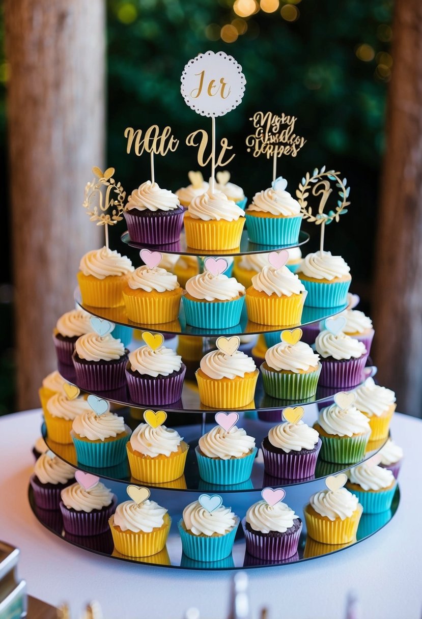 A colorful array of personalized cupcake toppers adorning a tiered wedding cupcake display