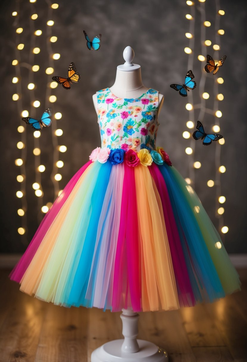 A colorful tulle skirt dress with floral accents, surrounded by playful butterflies and twinkling fairy lights