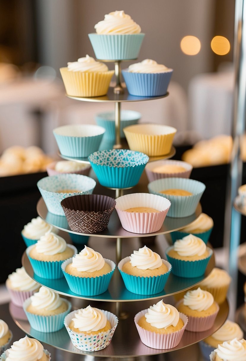 A display of elegant cupcake wrappers in various designs, arranged on a tiered stand with delicate cupcakes inside