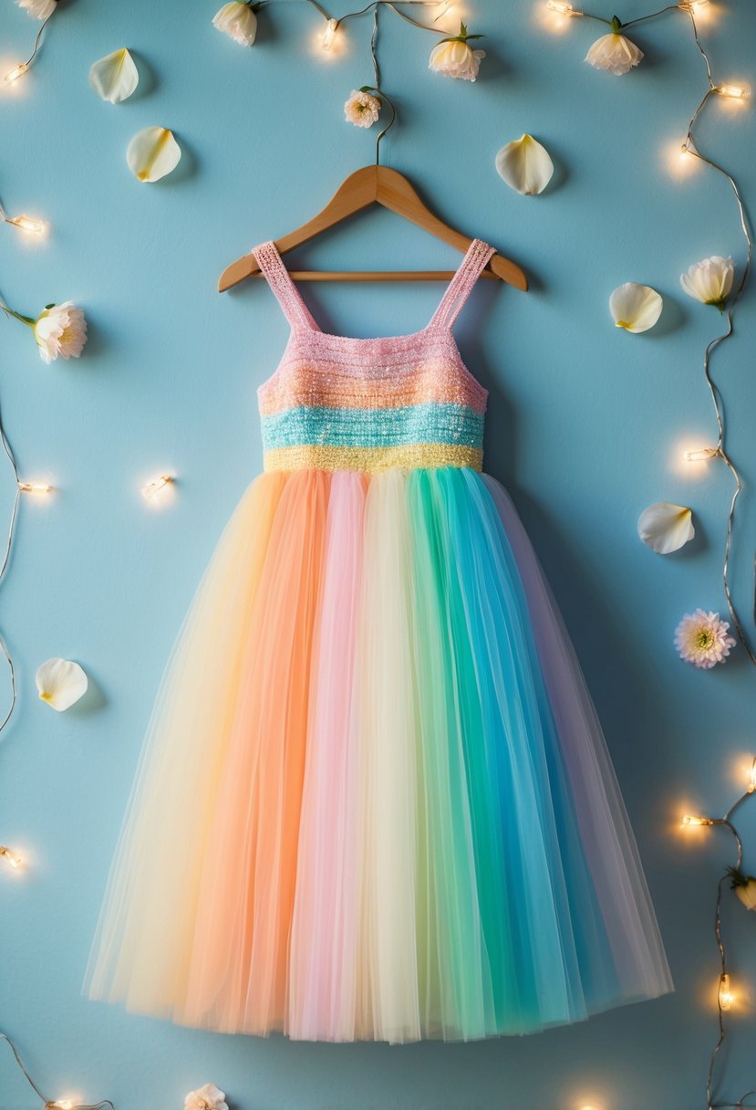 A pastel rainbow tulle dress hangs on a hanger, surrounded by delicate flower petals and sparkling fairy lights