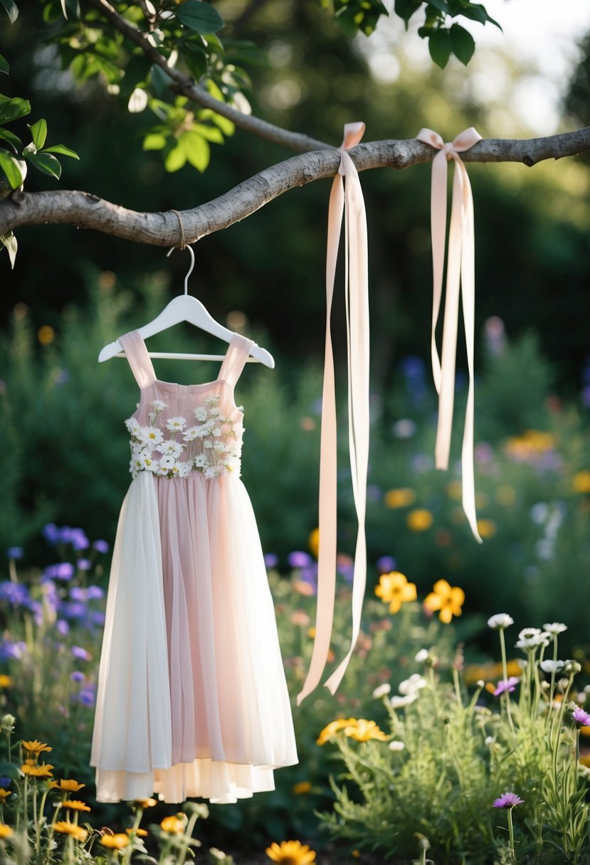 A whimsical garden with wildflowers and flowing ribbons, a bohemian-style flower girl dress hanging from a tree branch