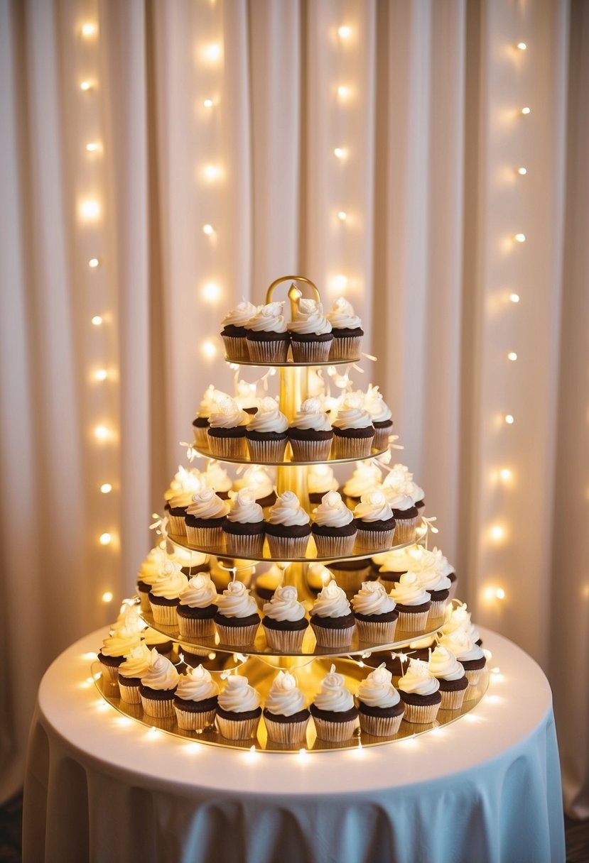 A table adorned with fairy lights illuminating a display of elegant wedding cupcakes