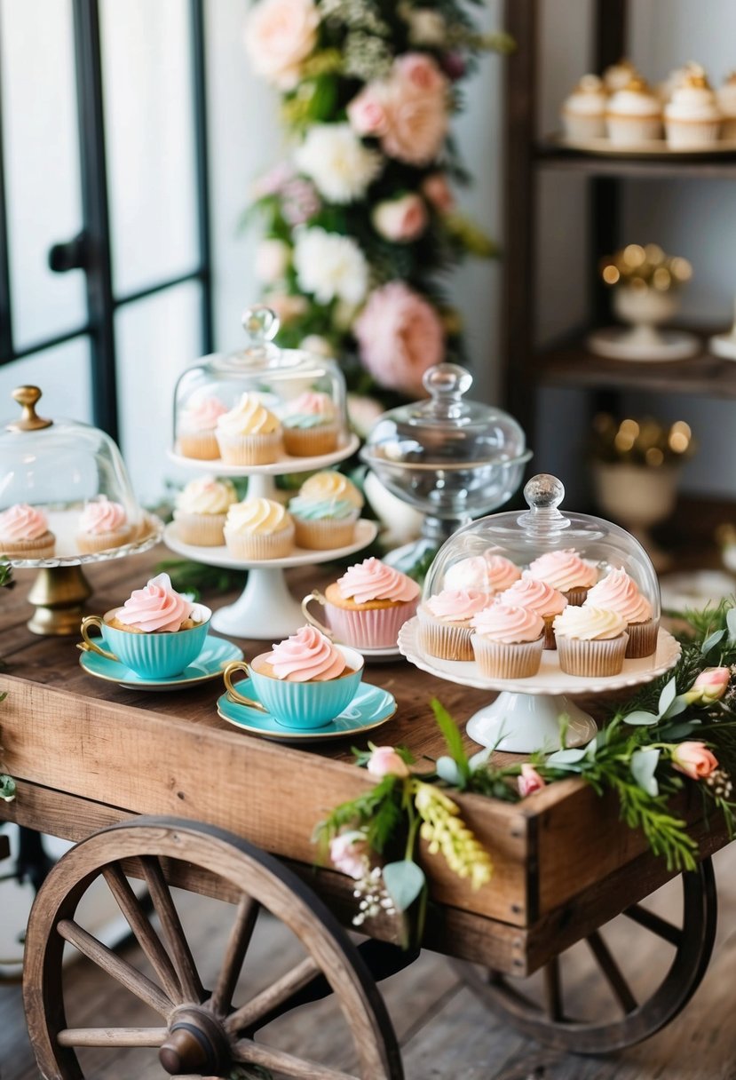 A rustic wooden cart adorned with floral garlands holds an assortment of pastel-colored cupcakes in vintage teacups and delicate glass cloches