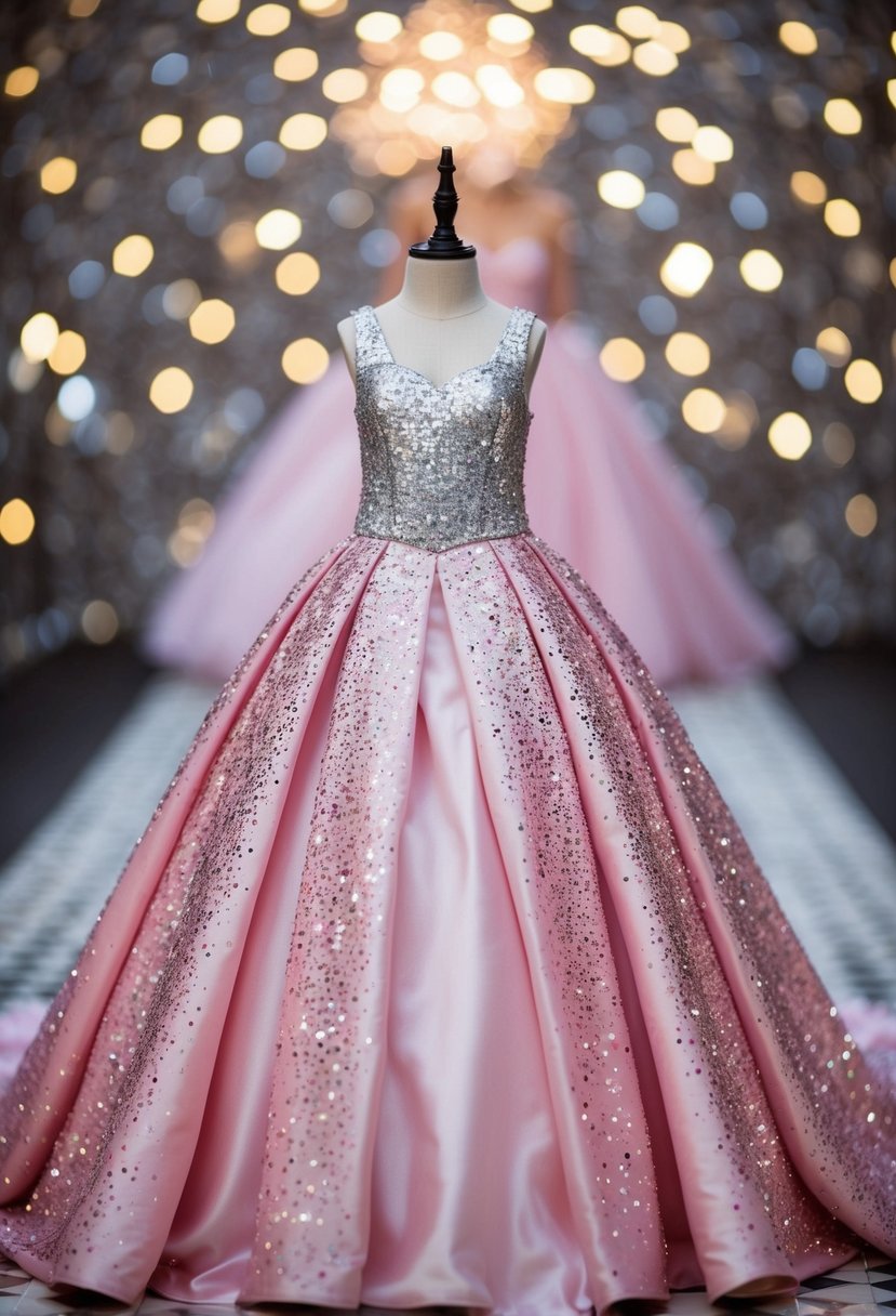 A sparkling, floor-length gown in shades of pink and silver, adorned with shimmering sequins and glittering beads, fit for a young princess's dream wedding