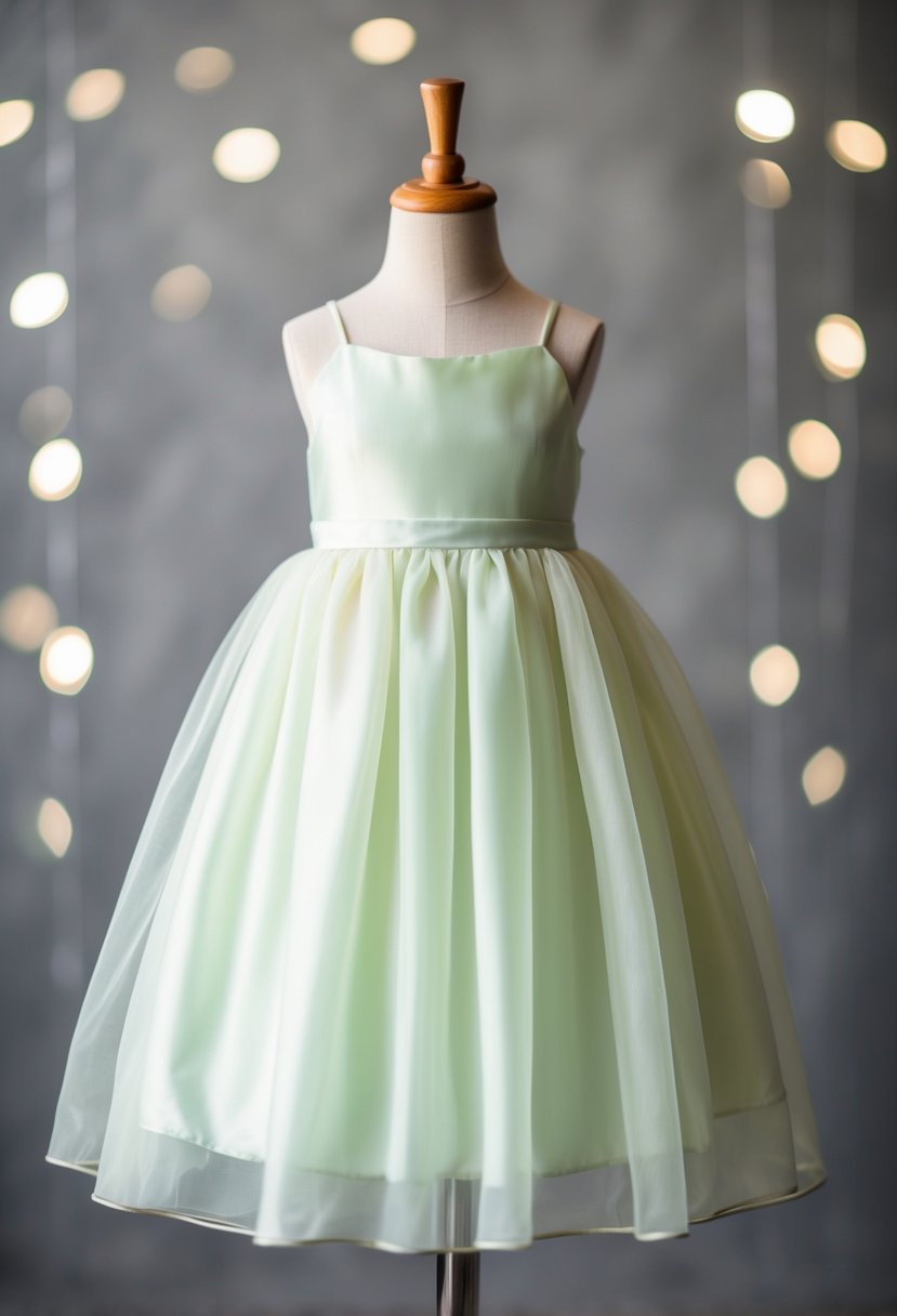 A simple, flowing organza dress in soft pastel colors, with a high neckline and delicate spaghetti straps, perfect for a young girl's wedding attire