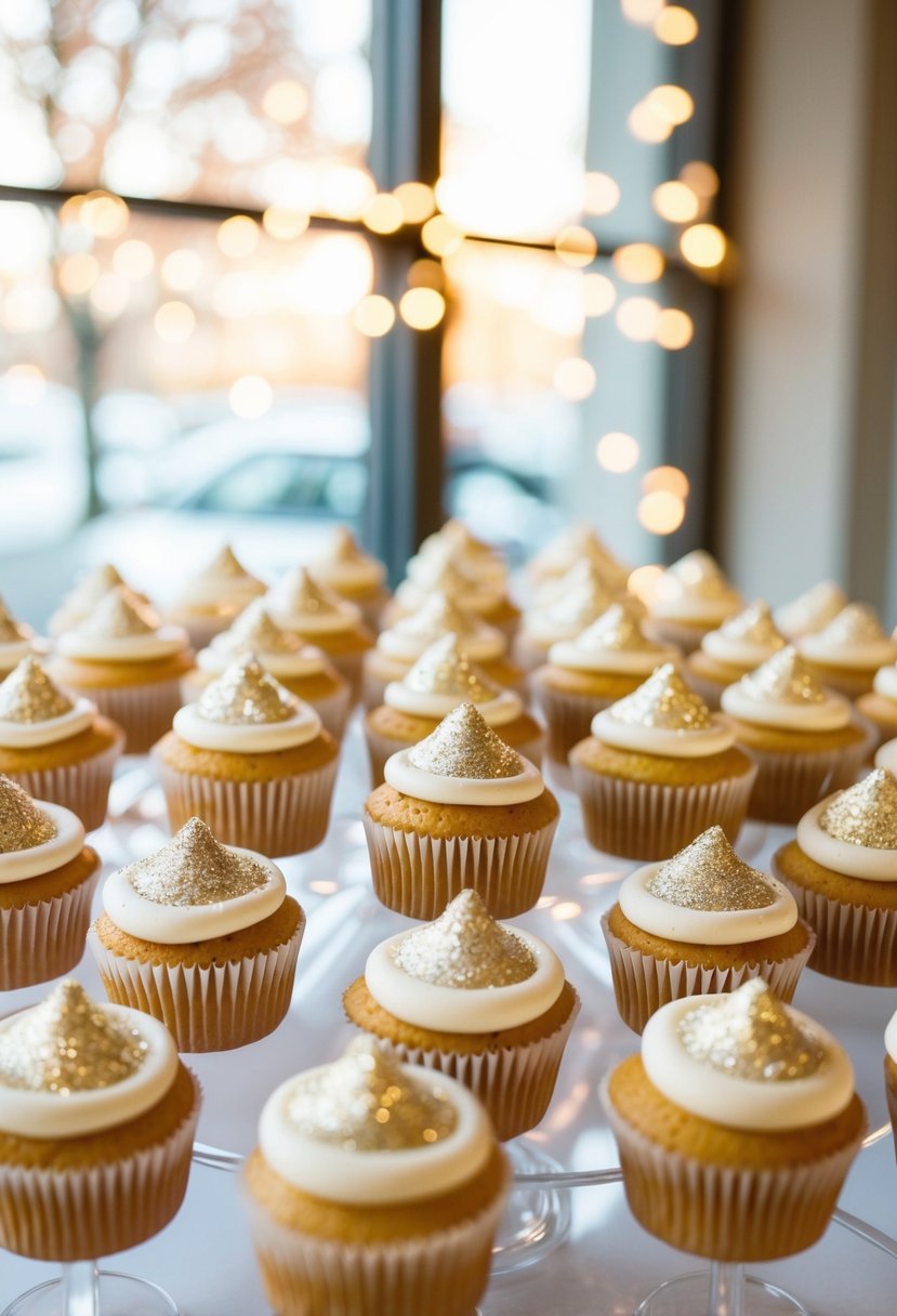 A display of wedding cupcakes adorned with edible glitter, sparkling under soft lighting