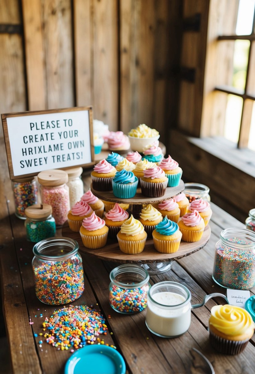 A rustic wooden table adorned with an array of colorful cupcakes, surrounded by jars of sprinkles, frosting, and toppings. A sign invites guests to create their own sweet treats